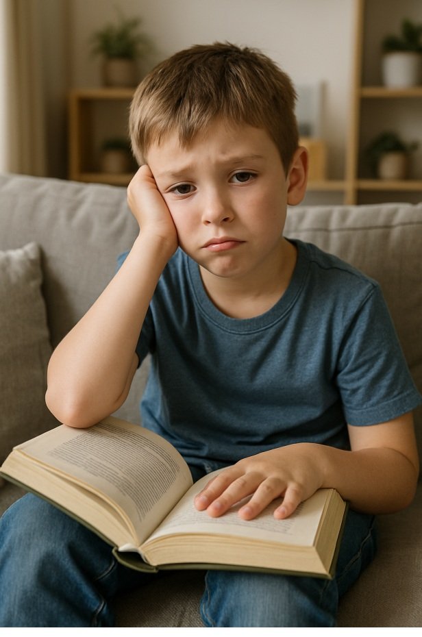Enfant dys qui n'aime pas lire Enfant dys qui n'aime pas lire, assis triste avec un livre